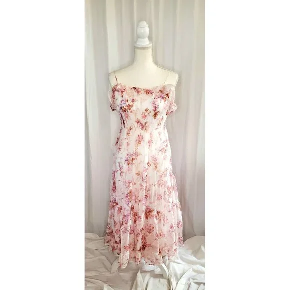 Lulus Babydoll Coquette Milkmaid Smocked Tiered Flowy Mini Dress Woman's Size M - Picture 2 of 16